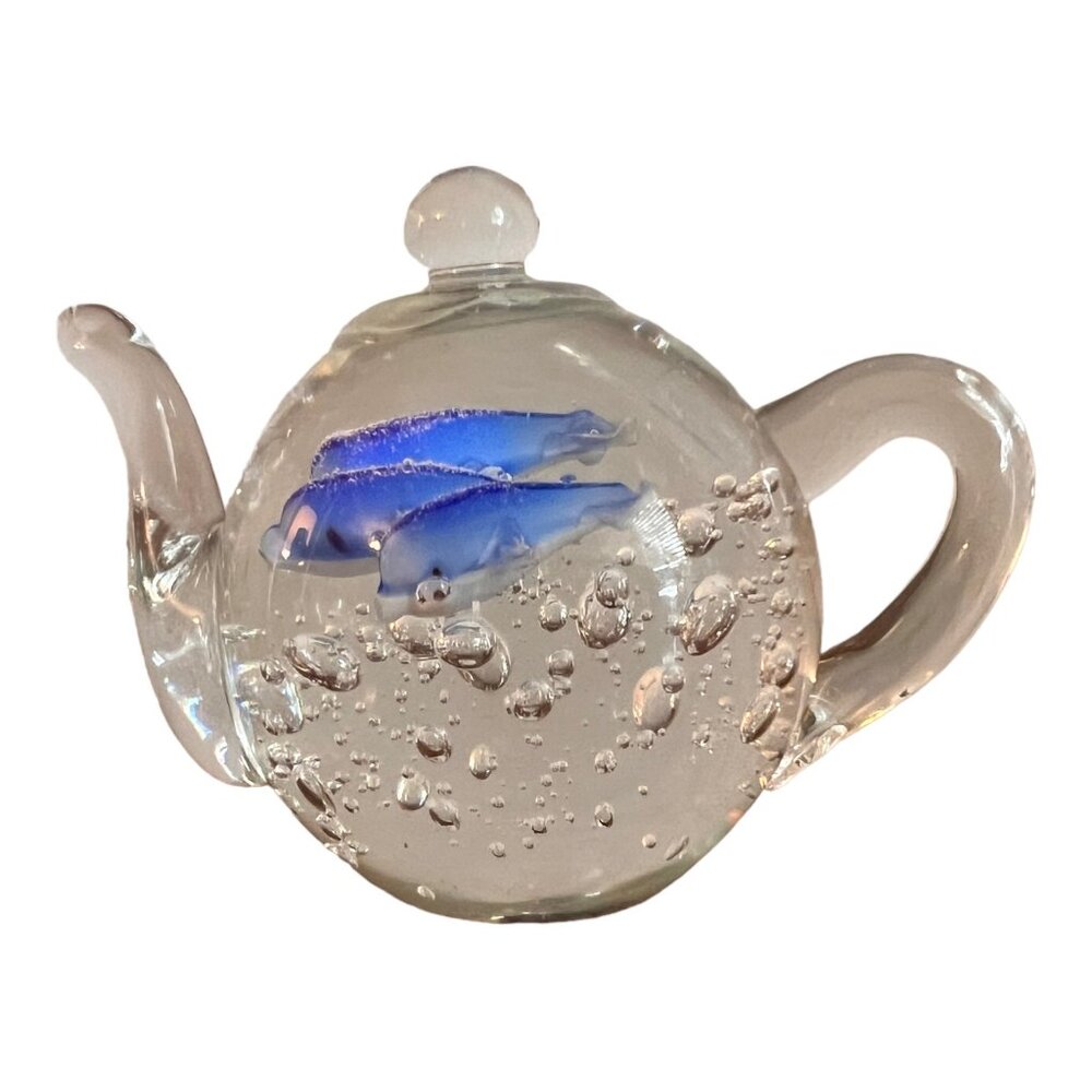 Dynasty Gallery Heirloom Art Glass Teapot With White & Blue Fish Paperweight 3"x